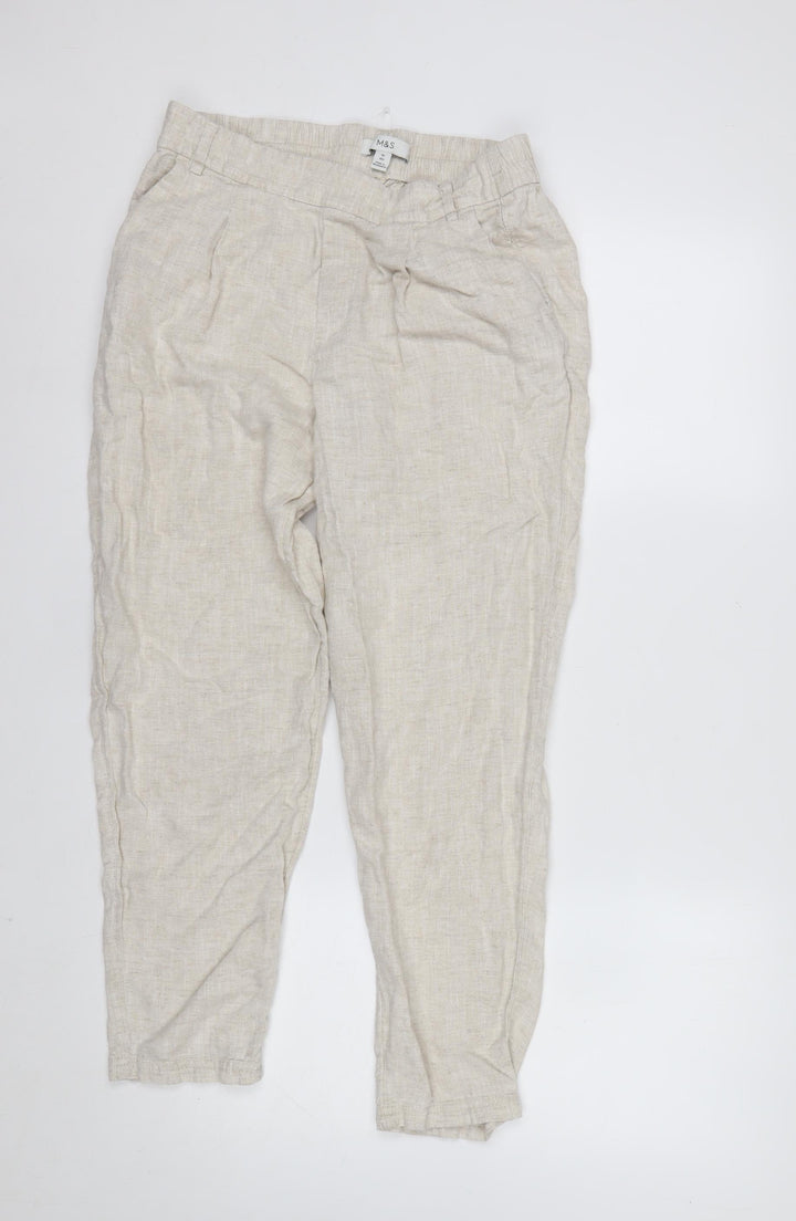 Marks and Spencer Women Beige Linen Tapered Casual Trousers Size 14