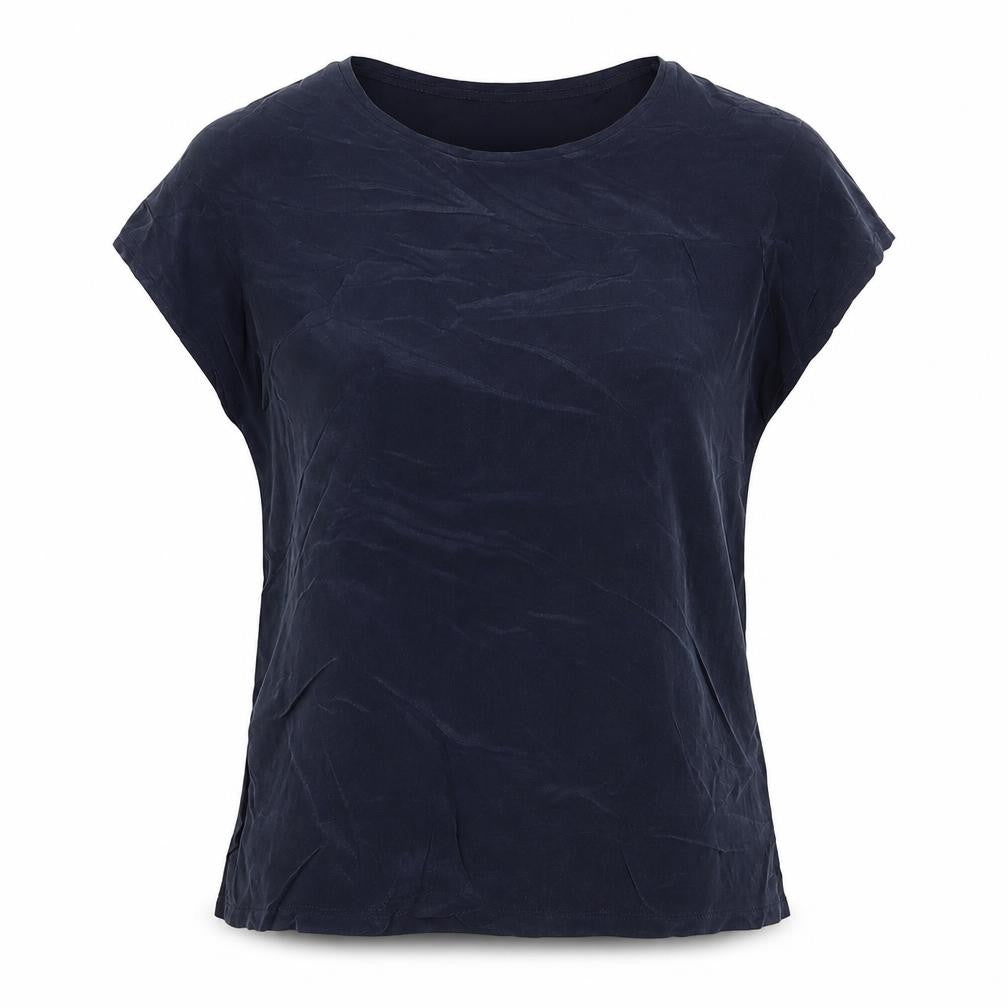 Front view of Reiss women’s blue silk mix short sleeve basic blouse, size S