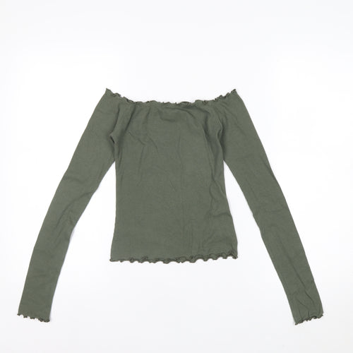 Hollister Women’s Green Off Shoulder Ribbed Cropped Long Sleeve Top XS