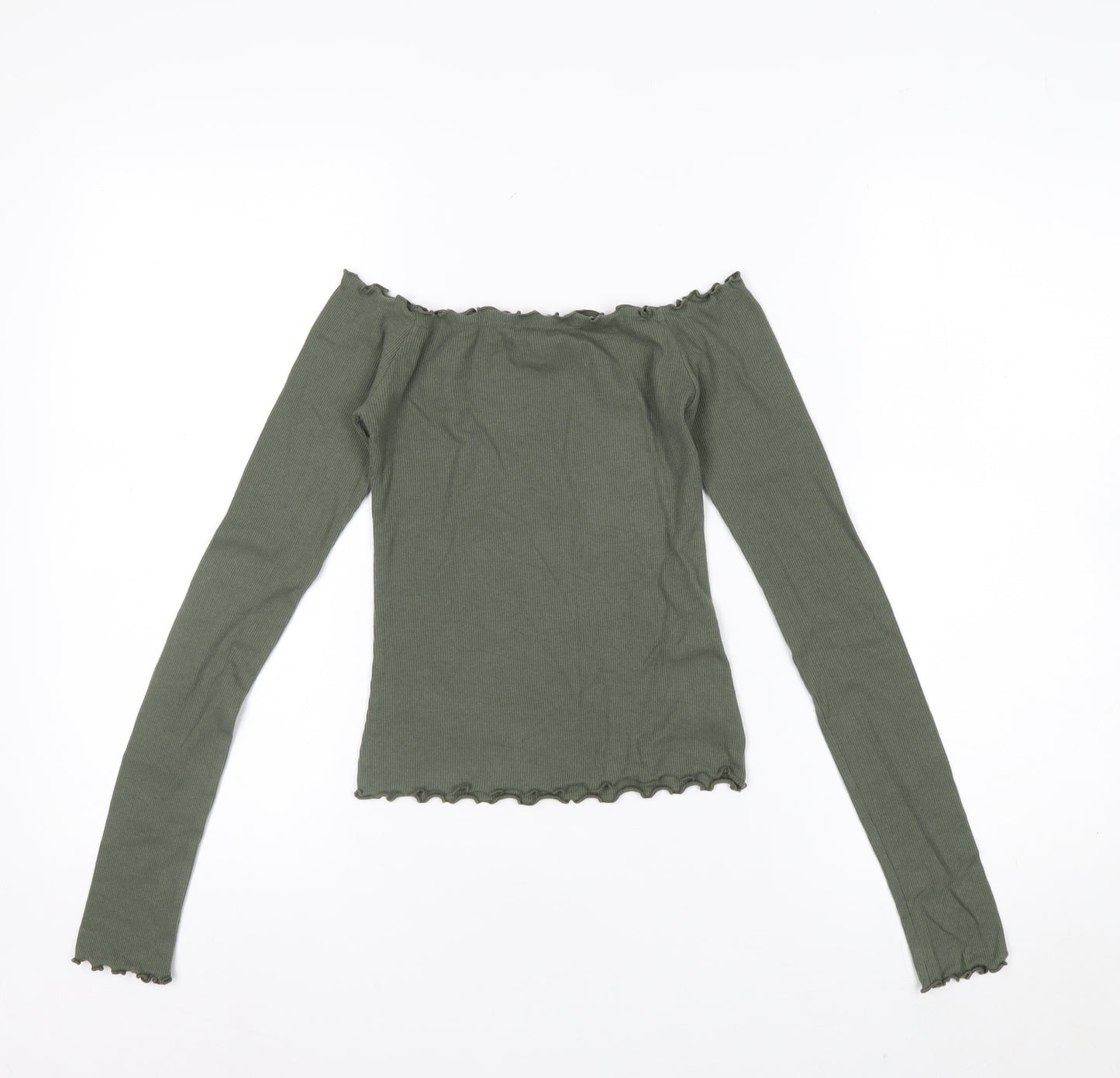 Hollister Women’s Green Off Shoulder Ribbed Cropped Long Sleeve Top XS