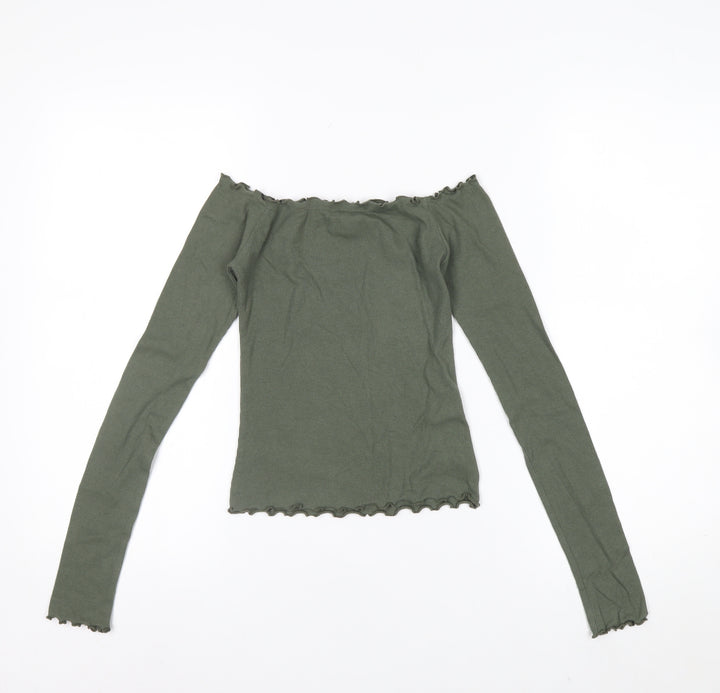 Hollister Women’s Green Off Shoulder Ribbed Cropped Long Sleeve Top XS