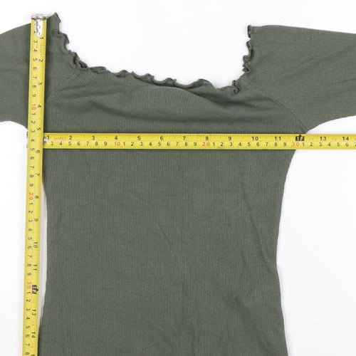 Hollister Women’s Green Off Shoulder Ribbed Cropped Long Sleeve Top XS