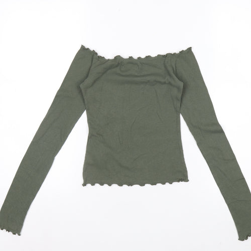 Hollister Women’s Green Off Shoulder Ribbed Cropped Long Sleeve Top XS
