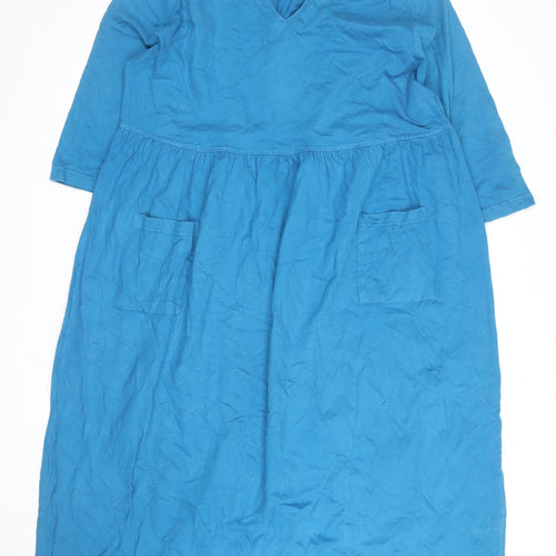 Ulla Popken Women Blue 16-18 V-Neck Cotton Knee Length Shift Dress