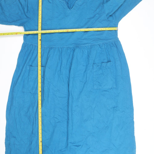 Ulla Popken Women Blue 16-18 V-Neck Cotton Knee Length Shift Dress