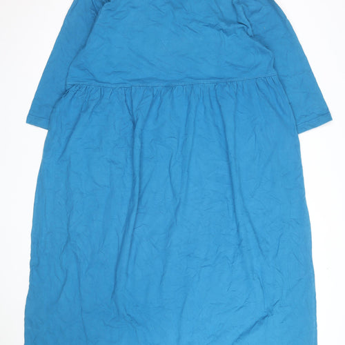 Ulla Popken Women Blue 16-18 V-Neck Cotton Knee Length Shift Dress