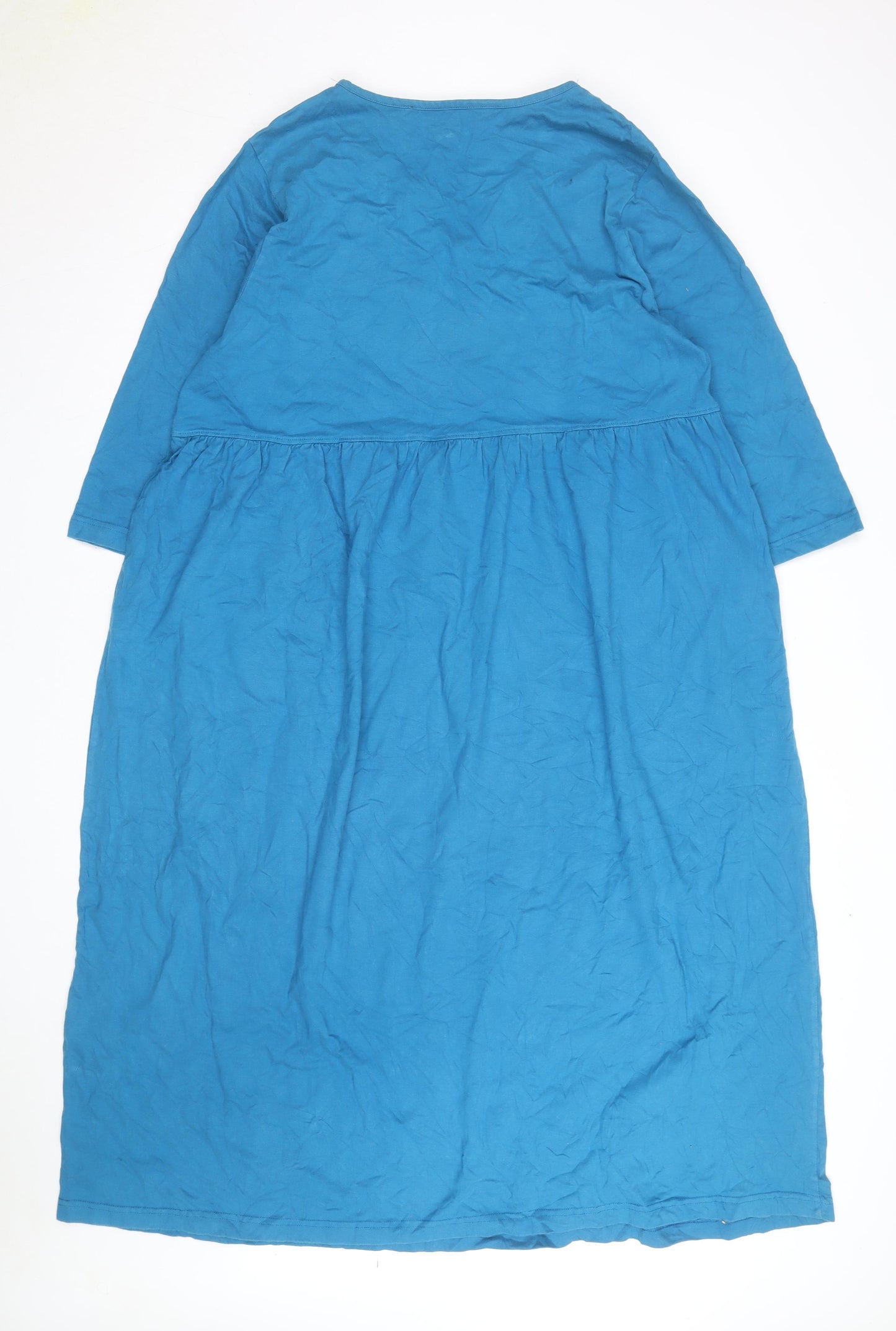 Ulla Popken Women Blue 16-18 V-Neck Cotton Knee Length Shift Dress