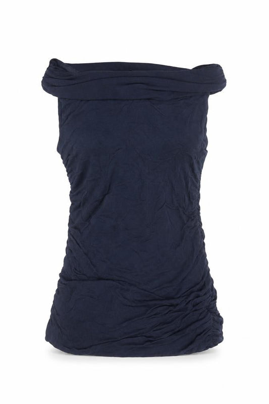 Front view of Phase Eight women’s blue off shoulder sleeveless jersey top, size M