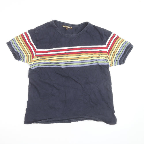 Run & Fly Men's Navy Rainbow Stripe Crew Neck Cotton T-Shirt Size L