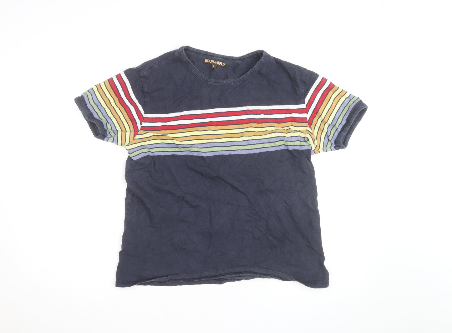 Run & Fly Men's Navy Rainbow Stripe Crew Neck Cotton T-Shirt Size L