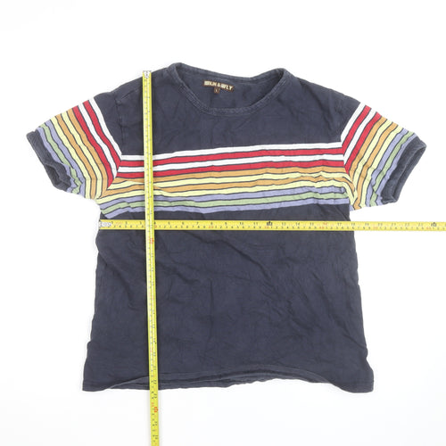 Run & Fly Men's Navy Rainbow Stripe Crew Neck Cotton T-Shirt Size L
