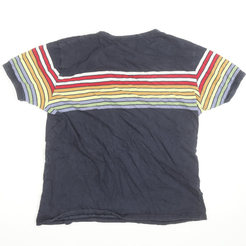 Run & Fly Men's Navy Rainbow Stripe Crew Neck Cotton T-Shirt Size L