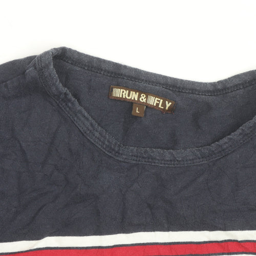 Run & Fly Men's Navy Rainbow Stripe Crew Neck Cotton T-Shirt Size L