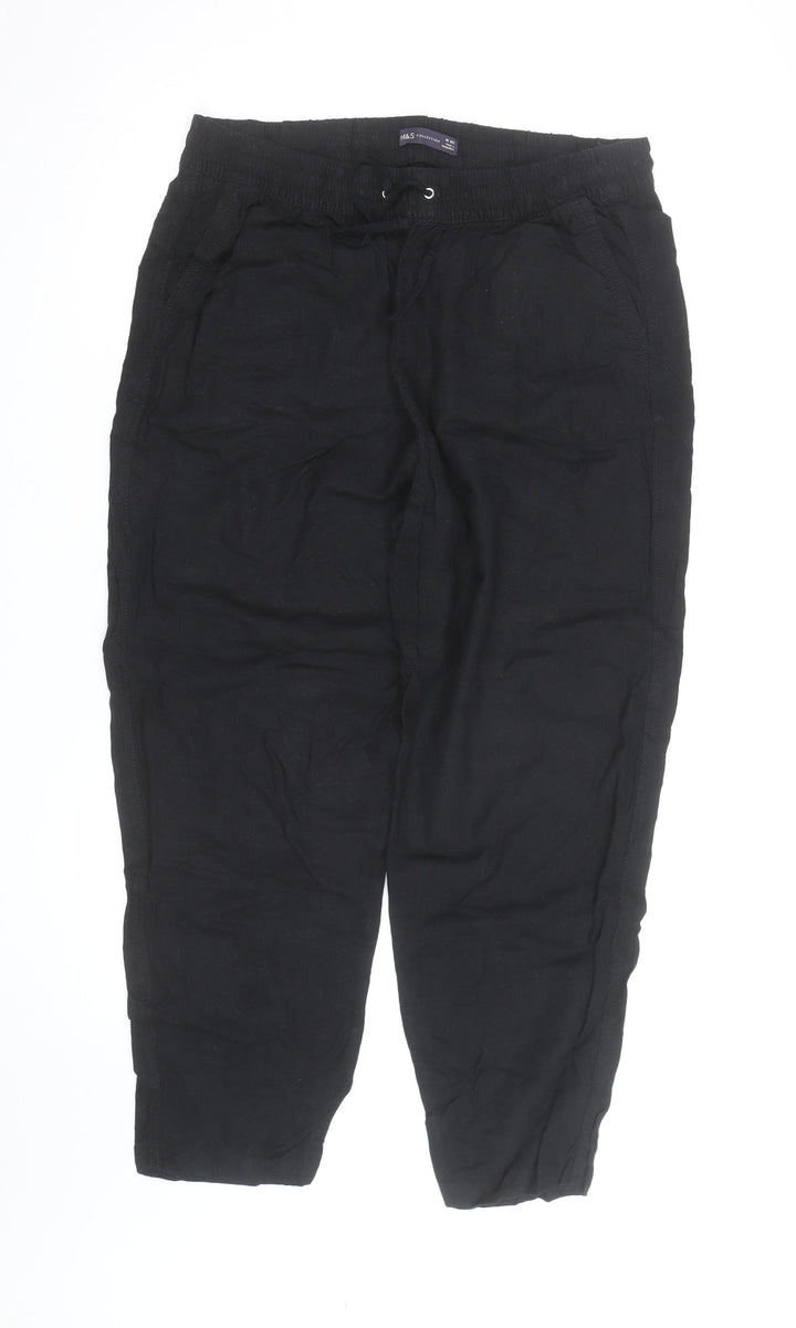 Marks and Spencer Women's Black Linen Blend Jogger Trousers Size 16 Short