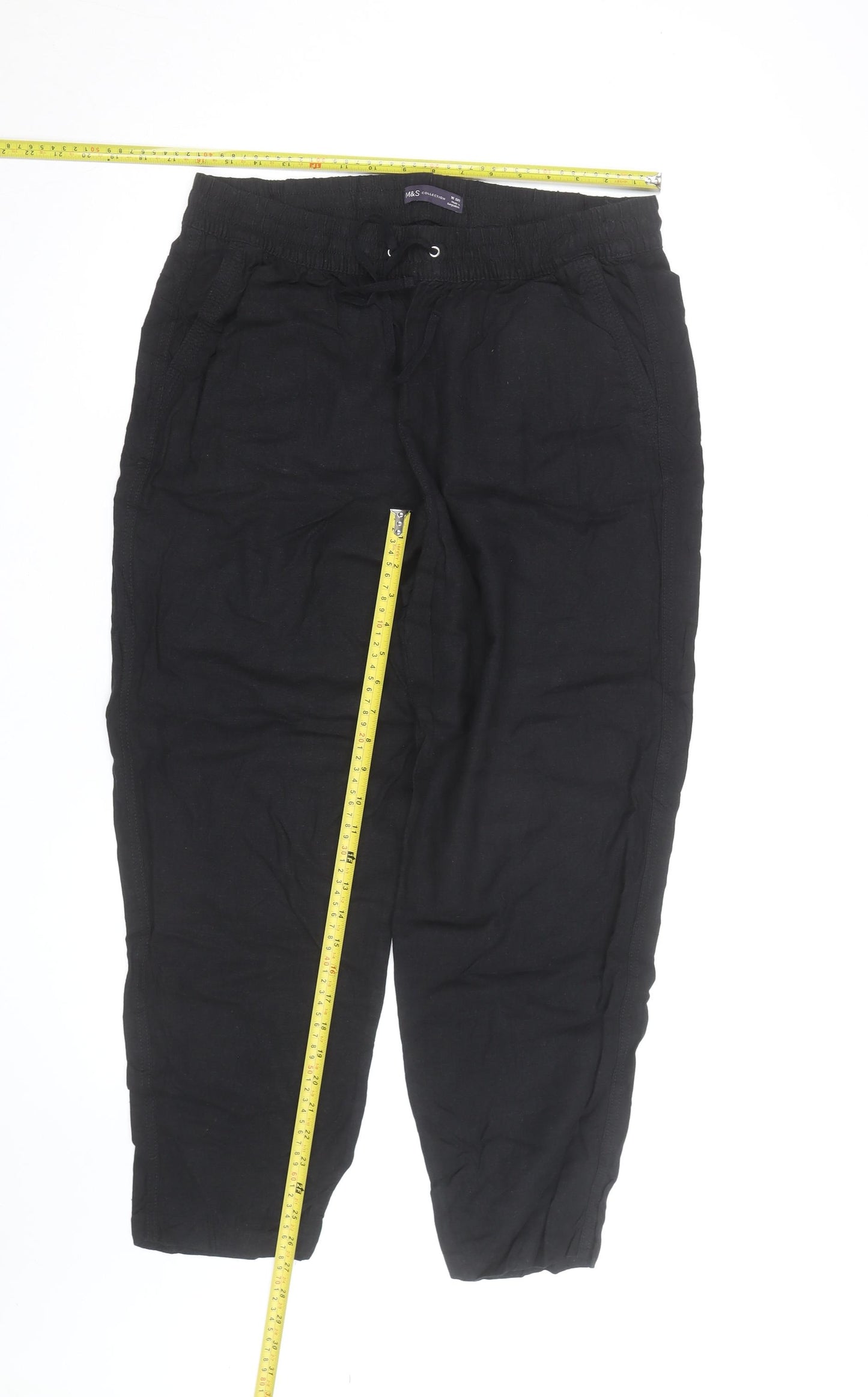 Marks and Spencer Women's Black Linen Blend Jogger Trousers Size 16 Short