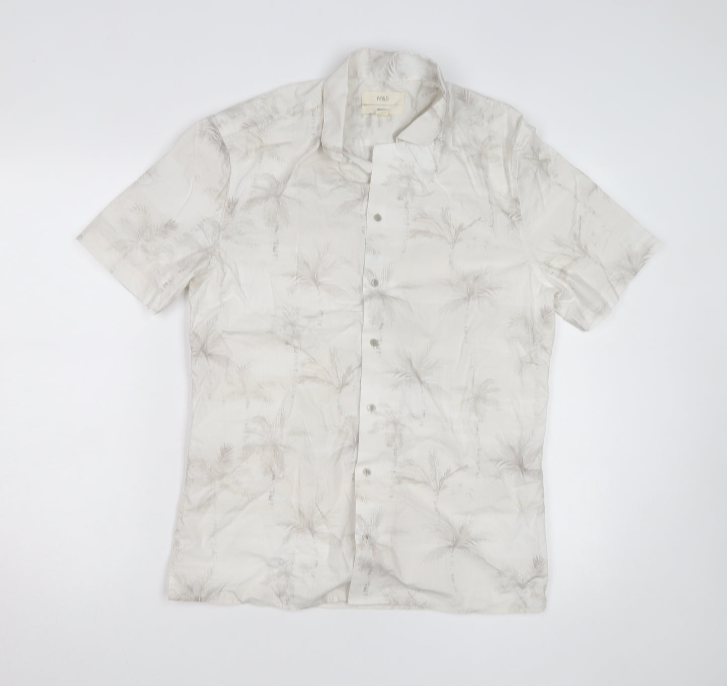 Marks and Spencer Men's Beige Tropical Short Sleeve Button-Up Shirt S
