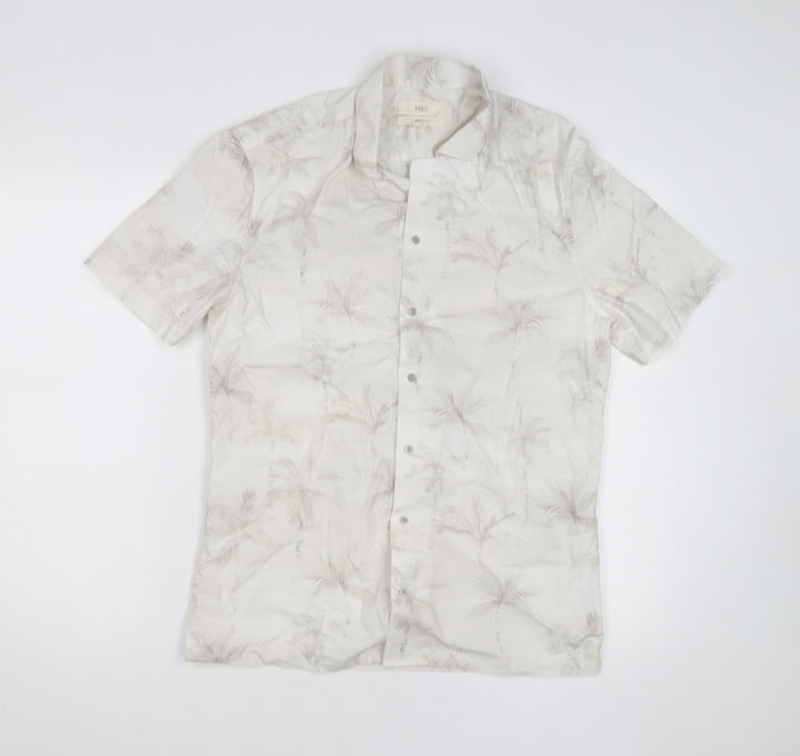 Marks and Spencer Men's Beige Tropical Short Sleeve Button-Up Shirt S