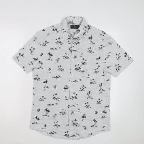 Marks and Spencer Men's White Tropical Print Regular Short Sleeve Shirt Size S