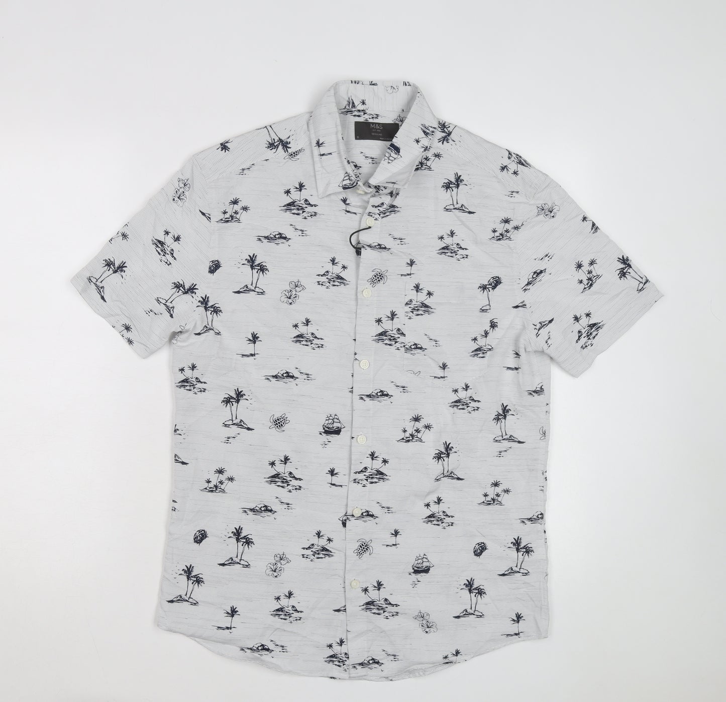 Marks and Spencer Men's White Tropical Print Regular Short Sleeve Shirt Size S