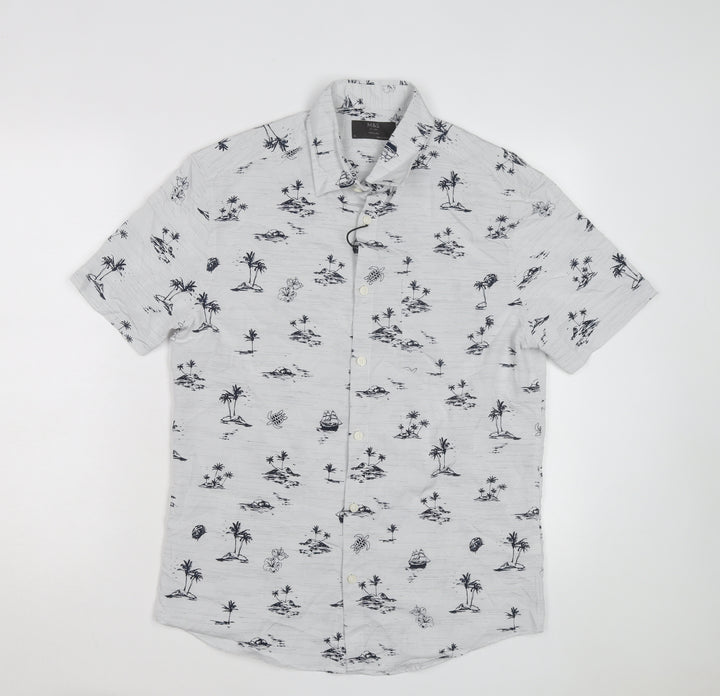 Marks and Spencer Men's White Tropical Print Regular Short Sleeve Shirt Size S