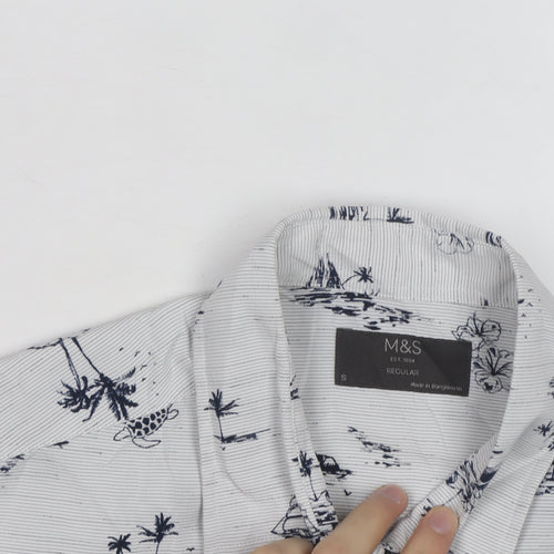 Marks and Spencer Men's White Tropical Print Regular Short Sleeve Shirt Size S