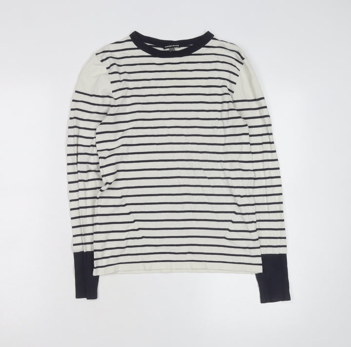 Warehouse Women’s Navy Stripe Crew Neck Jumper UK 10 Cotton Blend Long Sleeve