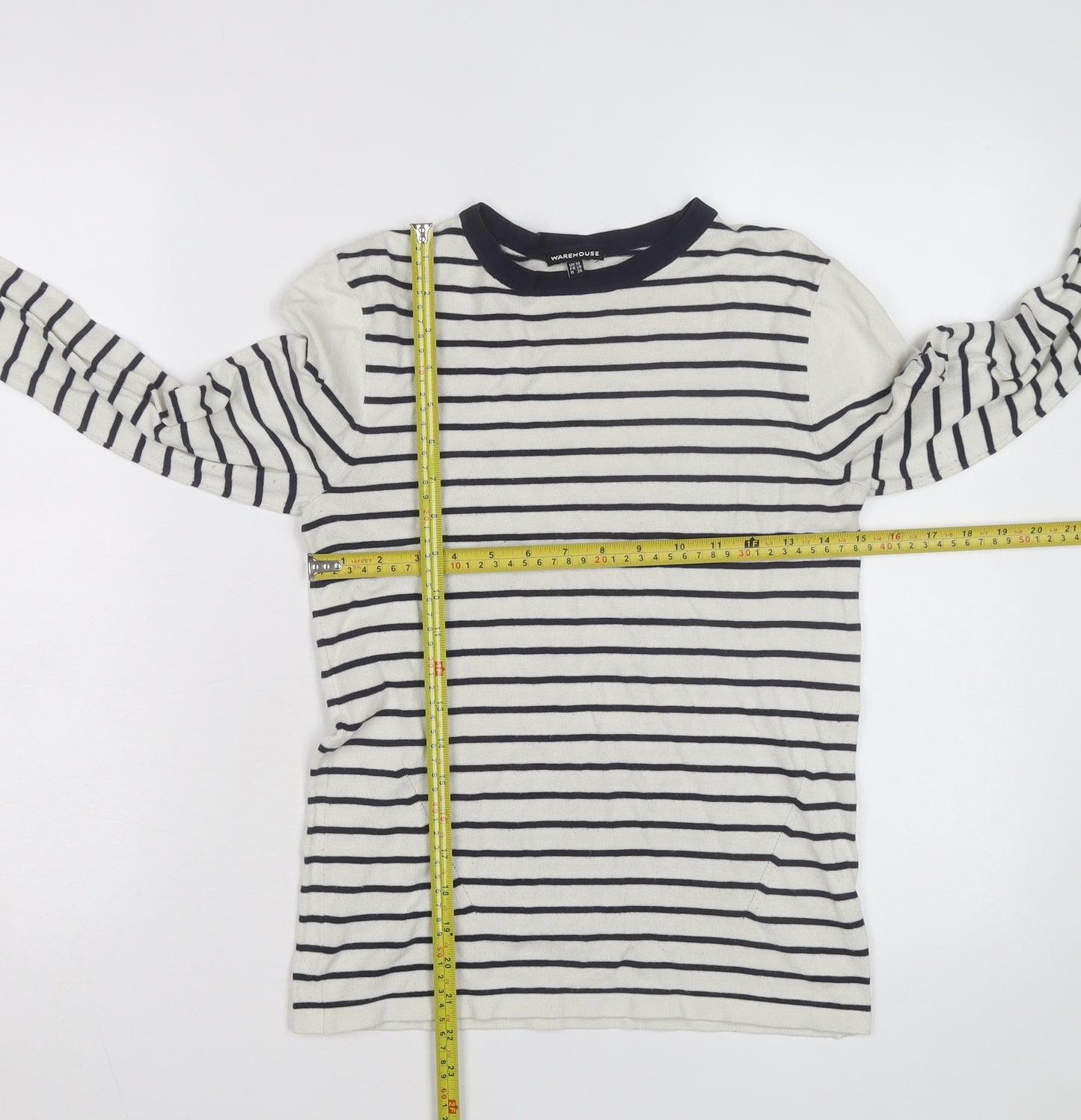 Warehouse Women’s Navy Stripe Crew Neck Jumper UK 10 Cotton Blend Long Sleeve