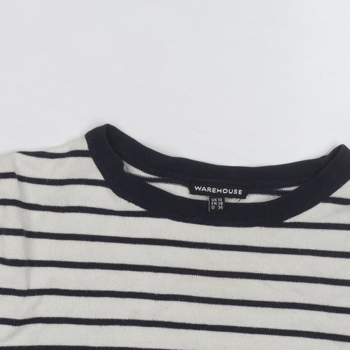 Warehouse Women’s Navy Stripe Crew Neck Jumper UK 10 Cotton Blend Long Sleeve