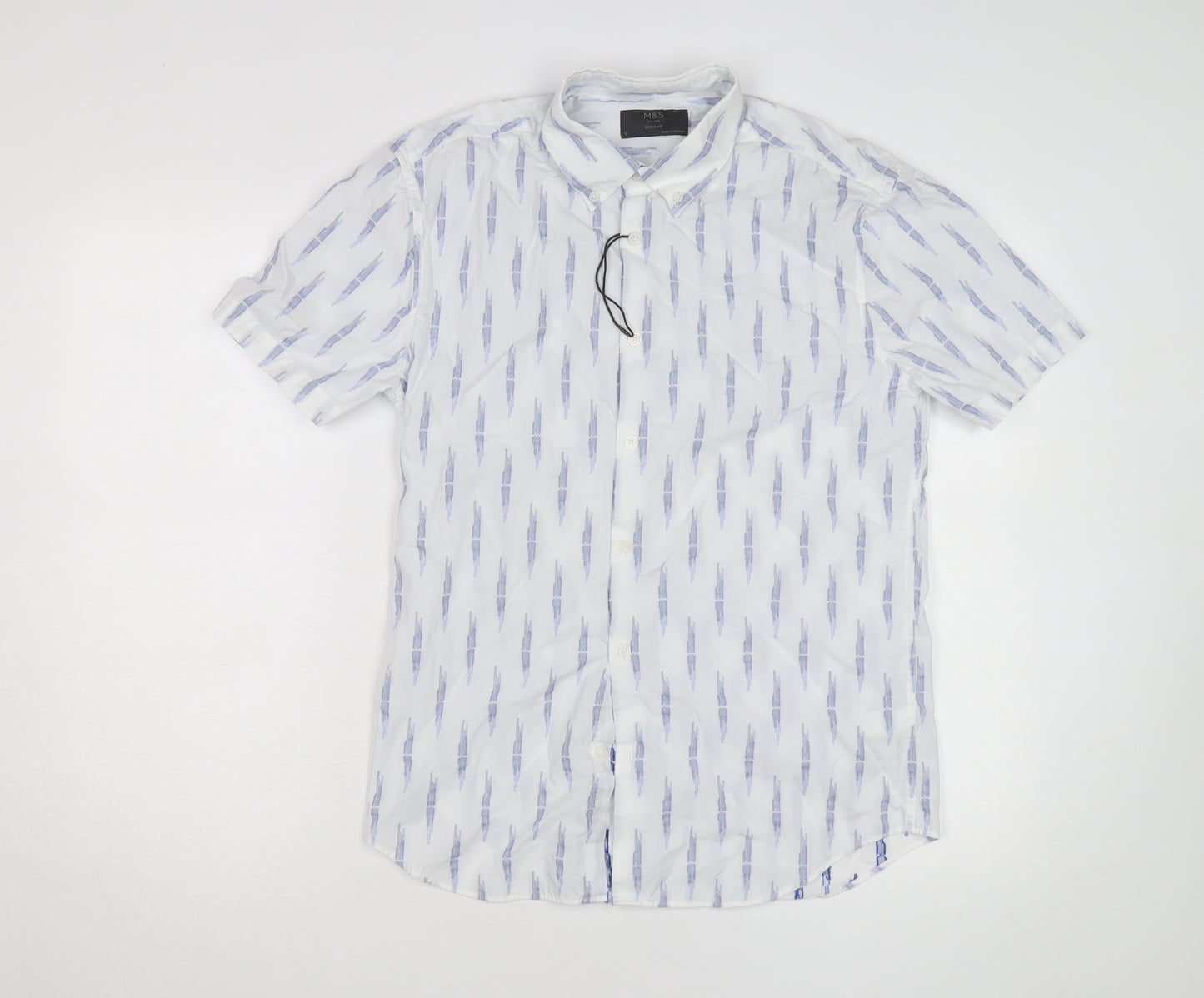 Marks and Spencer Men's White Short Sleeve Linen Blend Button-Up Shirt Size M