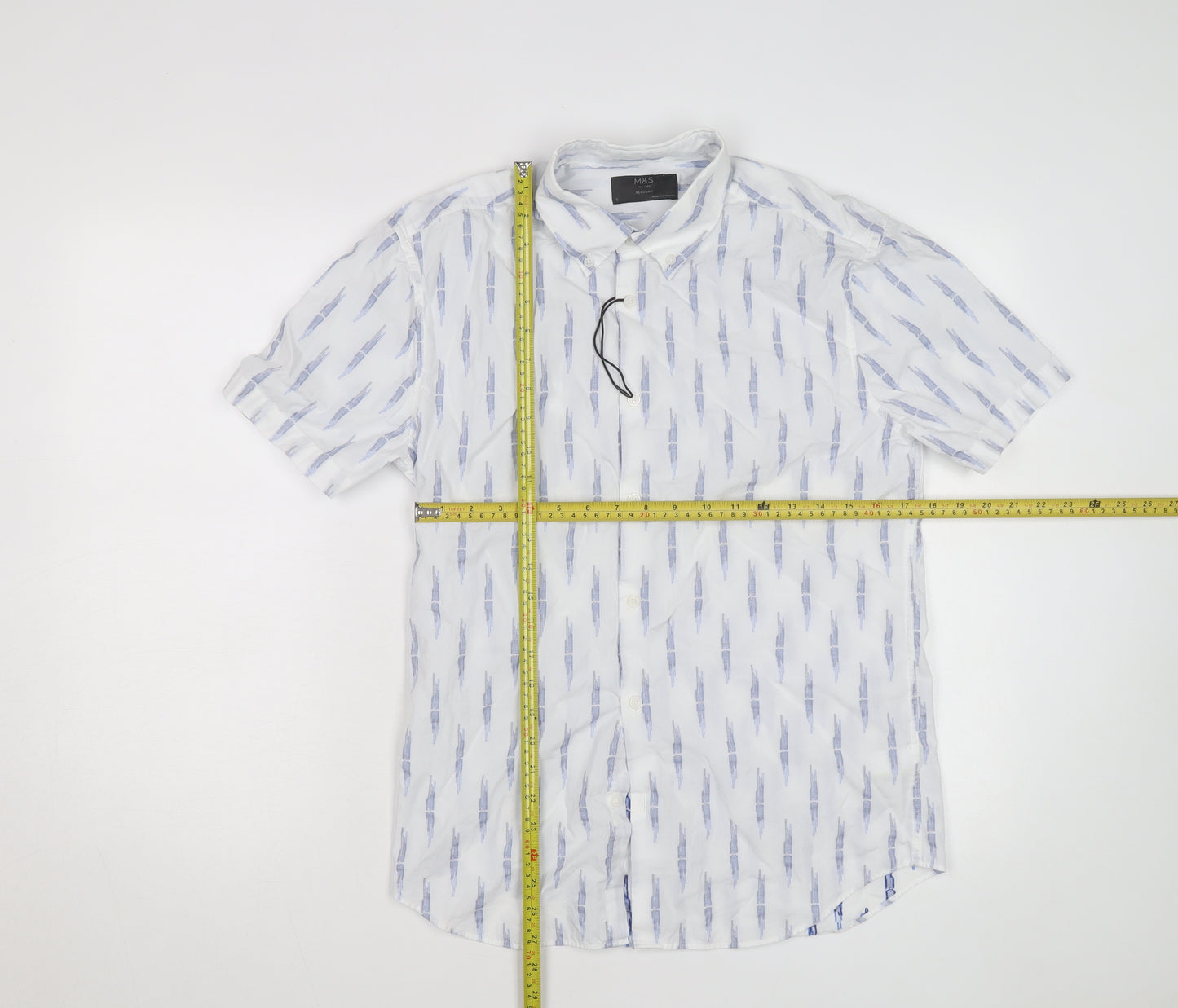 Marks and Spencer Men's White Short Sleeve Linen Blend Button-Up Shirt Size M