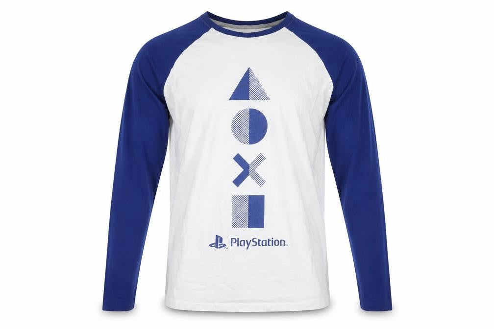 Front view of PlayStation Men’s Blue White Long Sleeve Graphic Cotton Top, size M