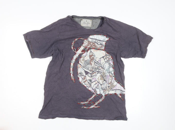 Elvis Jesus Men's Grey XL Graphic Bird Embroidered Cotton T-Shirt