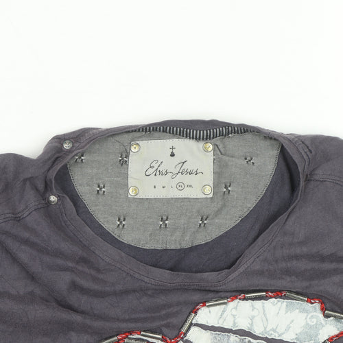 Elvis Jesus Men's Grey XL Graphic Bird Embroidered Cotton T-Shirt