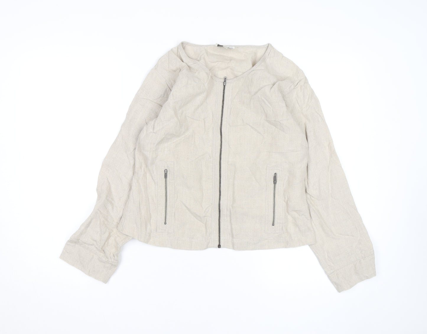 Masai Women Beige Linen Zip Blouse Size M Lightweight Casual Top