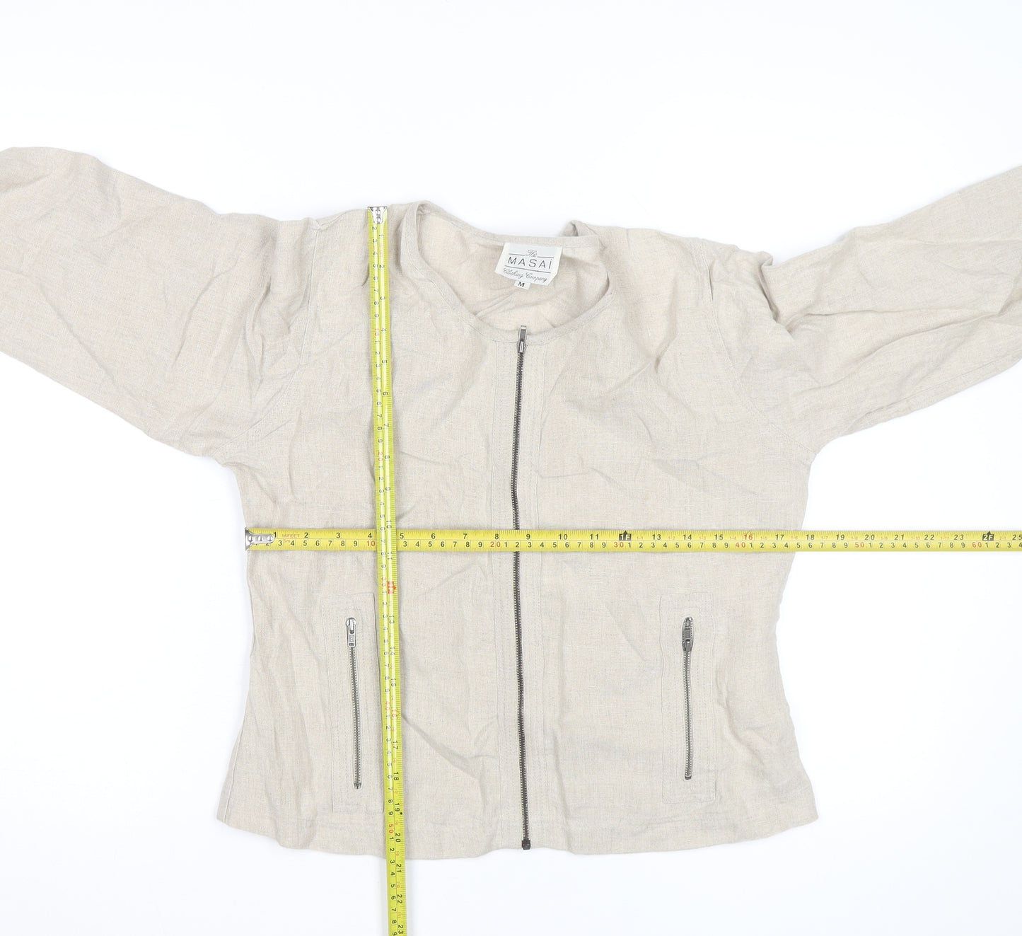 Masai Women Beige Linen Zip Blouse Size M Lightweight Casual Top