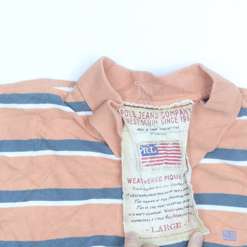 Ralph Lauren Men's Orange Striped Cotton Polo Shirt L