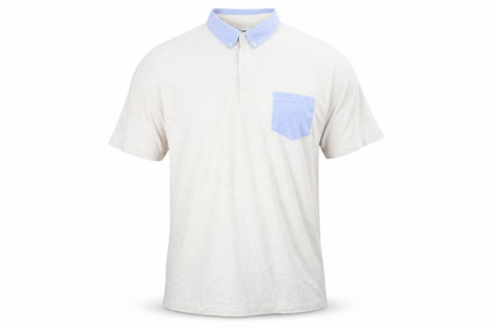 Front view of Label J Men’s Beige Short Sleeve Button-Up Shirt, size L, Cotton Blend