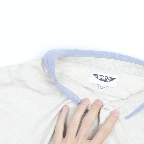 Label J Men’s Beige Short Sleeve Button-Up Shirt Size L Cotton Blend