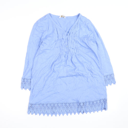 Cotton Traders Women's Blue Tunic Blouse Size 10 V-Neck 3/4 Sleeve