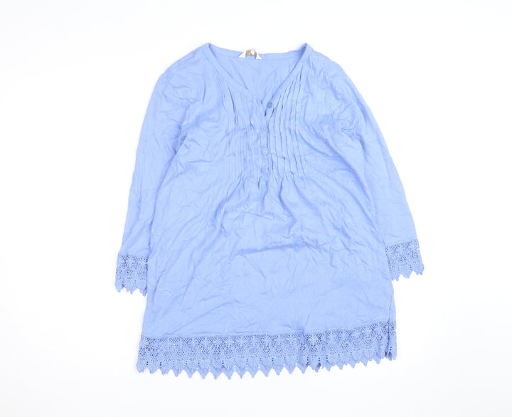 Cotton Traders Women's Blue Tunic Blouse Size 10 V-Neck 3/4 Sleeve