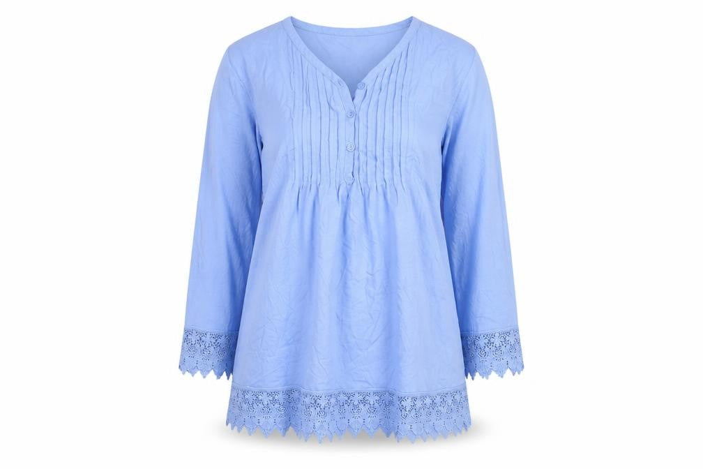 Front view of Cotton Traders Women's Blue Tunic Blouse, size 10, V-Neck 3/4 Sleeve