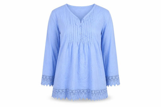 Front view of Cotton Traders Women's Blue Tunic Blouse, size 10, V-Neck 3/4 Sleeve