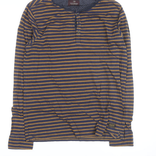 Scotch & Soda Men’s Blue Striped Henley Long Sleeve Cotton Top M