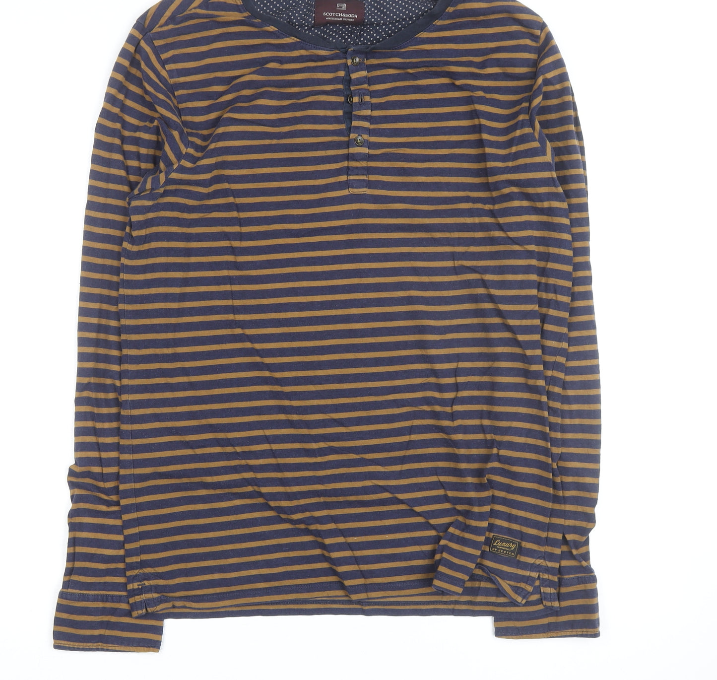 Scotch & Soda Men’s Blue Striped Henley Long Sleeve Cotton Top M
