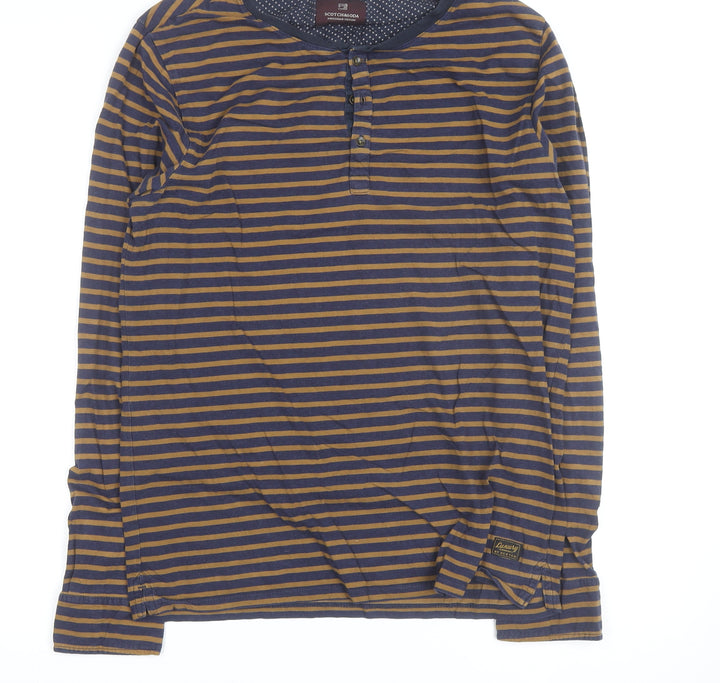 Scotch & Soda Men’s Blue Striped Henley Long Sleeve Cotton Top M