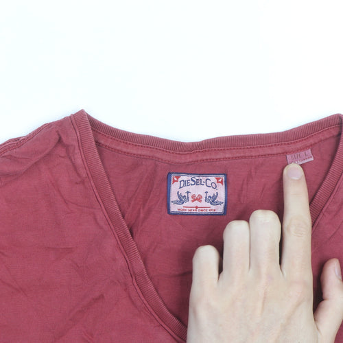 Diesel Women Red V-Neck Cotton Basic T-Shirt Size L