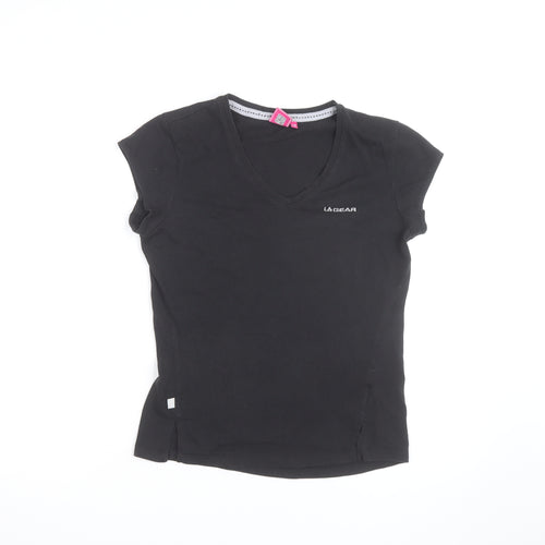 LA Gear Womens Black V-Neck Slim Fit Short Sleeve Cotton T-Shirt Size 10
