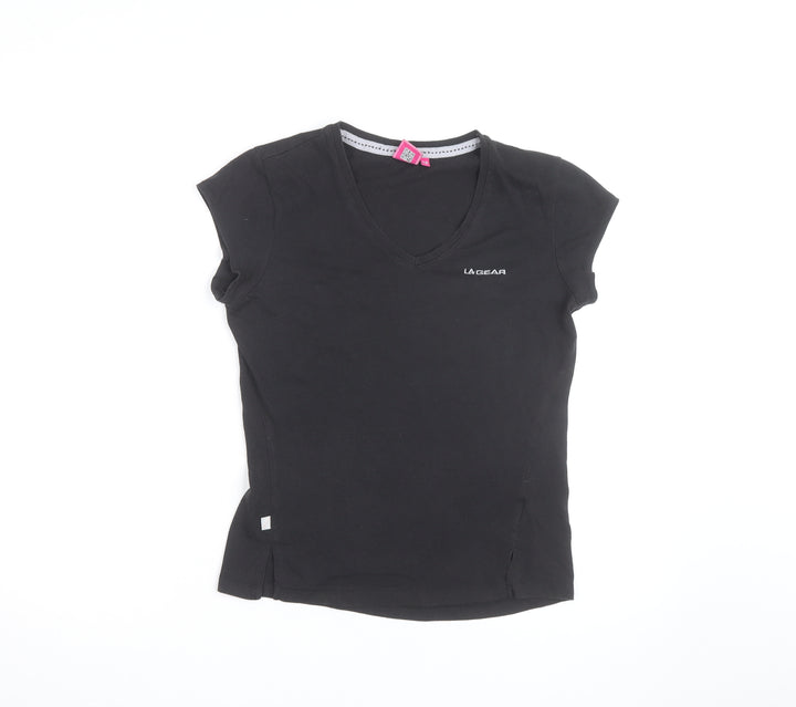 LA Gear Womens Black V-Neck Slim Fit Short Sleeve Cotton T-Shirt Size 10