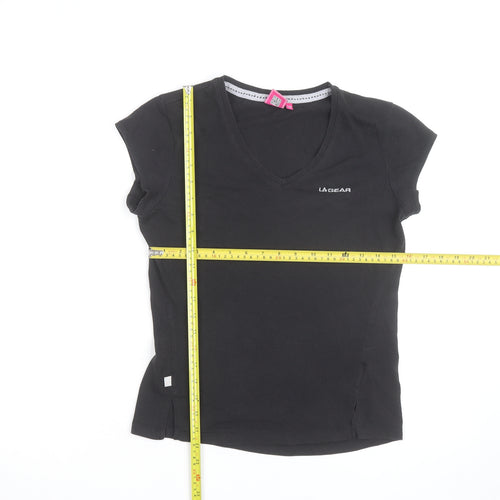 LA Gear Womens Black V-Neck Slim Fit Short Sleeve Cotton T-Shirt Size 10