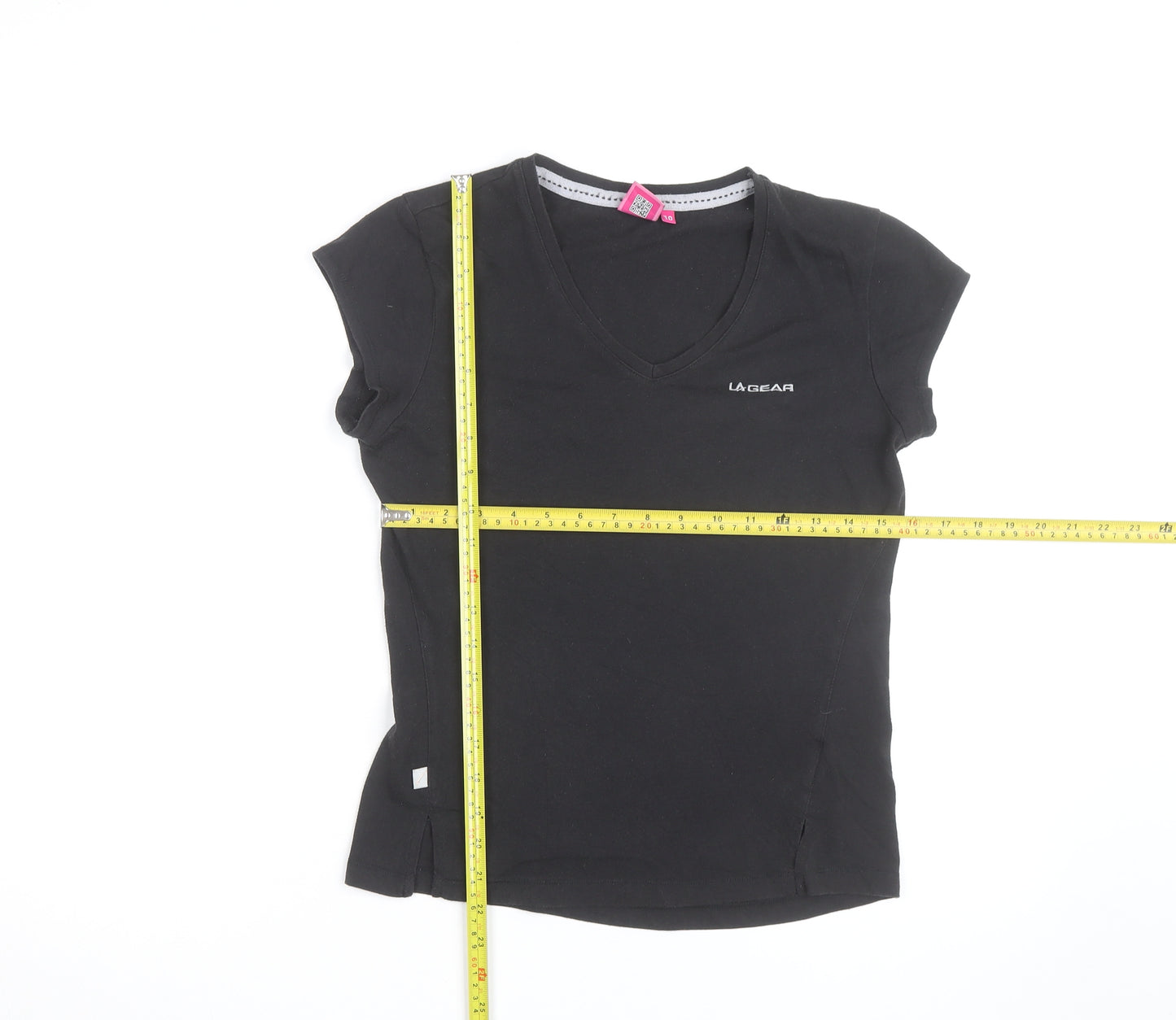 LA Gear Womens Black V-Neck Slim Fit Short Sleeve Cotton T-Shirt Size 10